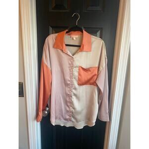 Charmed Hearts Colorblock Collared Long Sleeve Orange Pink Tan Blouse-Size L